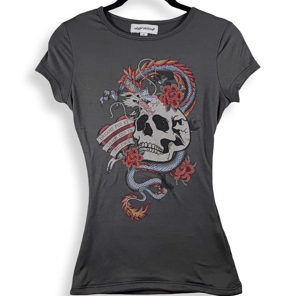 Y2K Rhinestone Skull Dragon Graphic Tee Women Small Gray Affliction Style Grunge